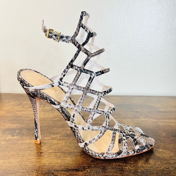 Schutz Juliana Caged Sandals 8.5 Leather Snake Open Toe Ankle Stiletto Heels - Picture 3 of 10